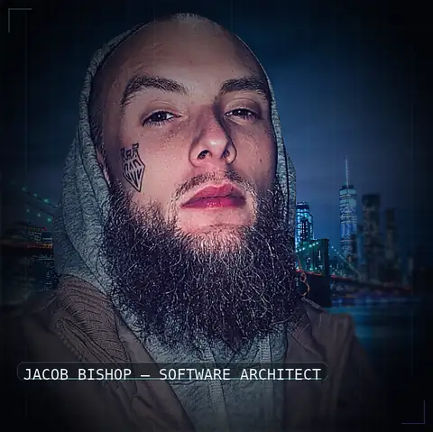 Jacob Bishop in a hooded portrait against a nighttime city skyline